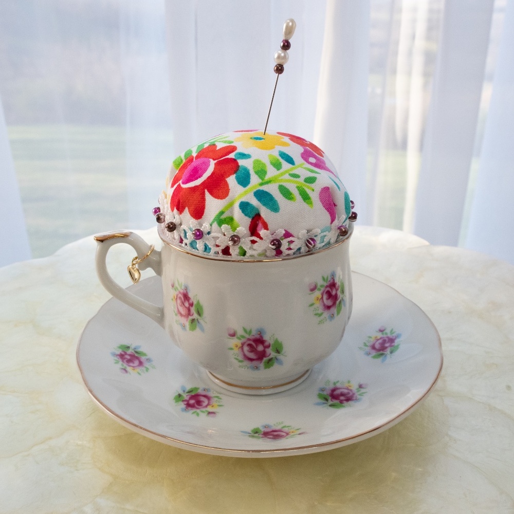 Classic Teacup And Saucer Pincushion Upcycled FTD Teacup And Saucer NWOT